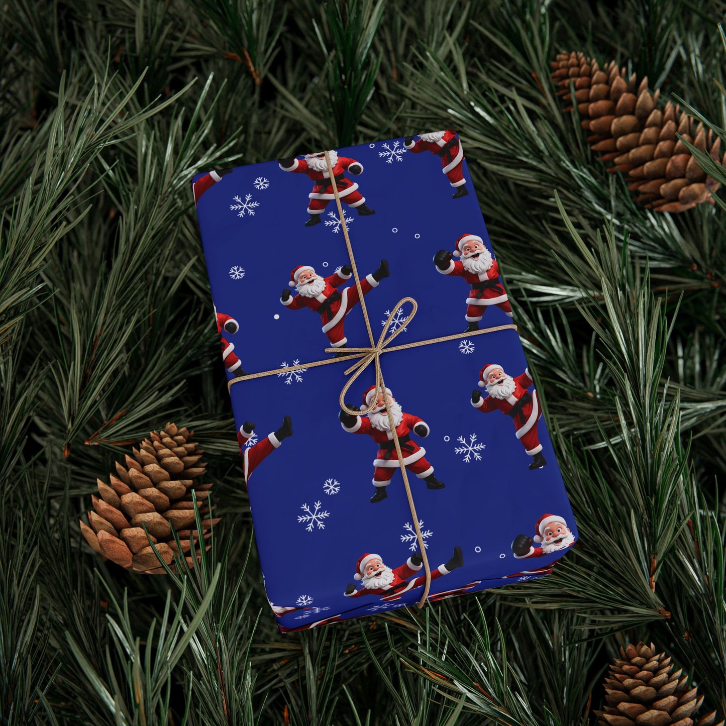 Kickin' Santa Royal Blue Wrapping Paper