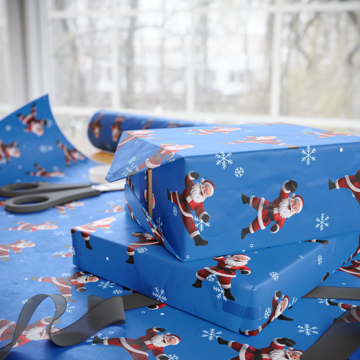 Kickin' Santa Light Blue Wrapping Paper