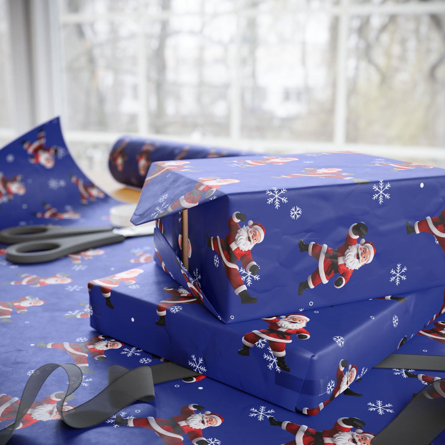Kickin' Santa Royal Blue Wrapping Paper