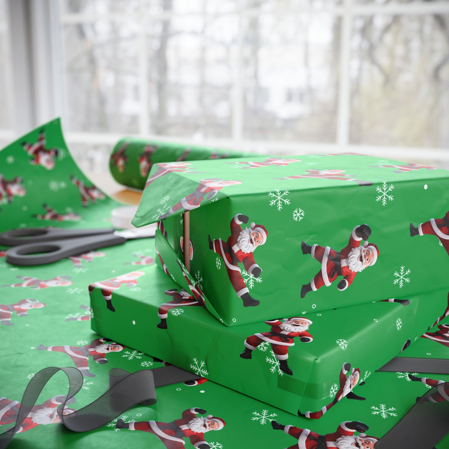 Kickin' Santa Green Wrapping Paper