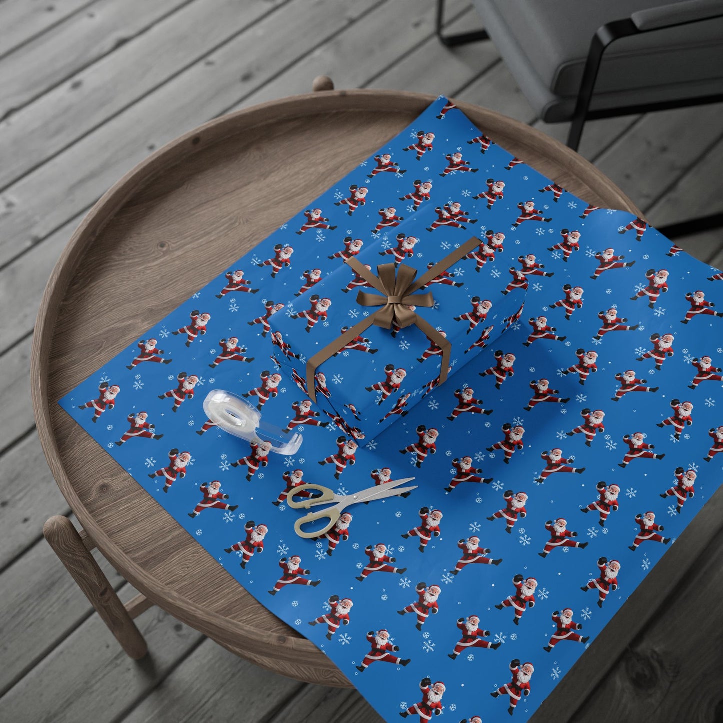 Kickin' Santa Light Blue Wrapping Paper