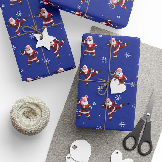 Kickin' Santa Royal Blue Wrapping Paper